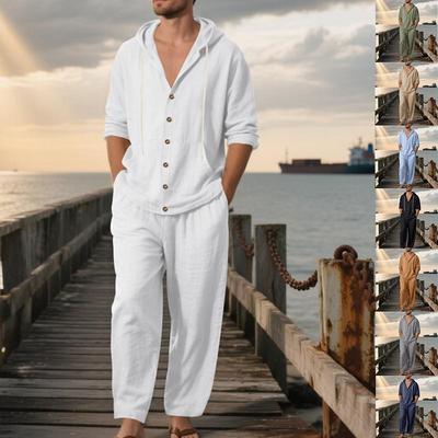 Men's Linen Long Sleeve Hooded Shirt and Pants Casual Beach Set