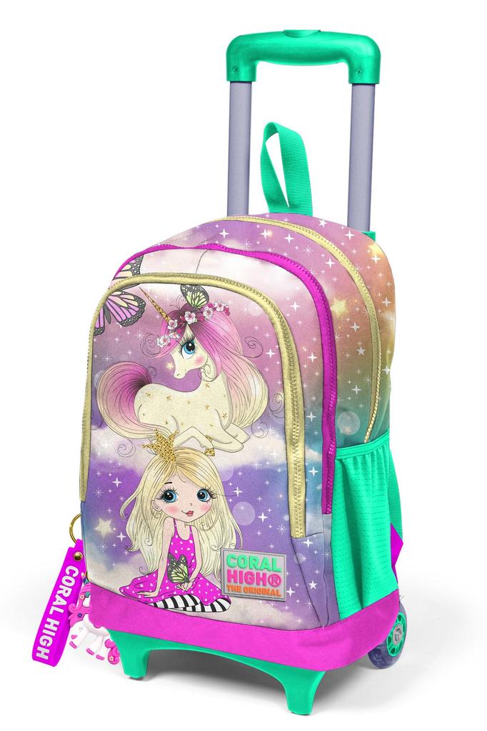 Coral High Kids Pink Aqua Zelená Jednorožec Dívčí vzorovaný tříkomorový školní batoh na vozík 23933
