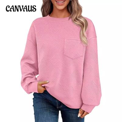 Women's Plus Size Knitted Jacquard Long Sleeve Round Neck Chest Pocket Sweatshirt Casual Loose Pullover Sweatshirt
