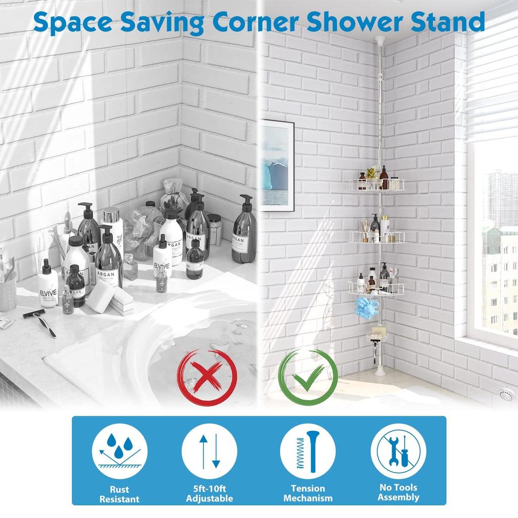 Bathroom Bathtub Locker with 4 Adjustable Cm Bathroom Stand with Rod To Hold Silver Rack, Baskets, 97.5-312.5 Shampoo,