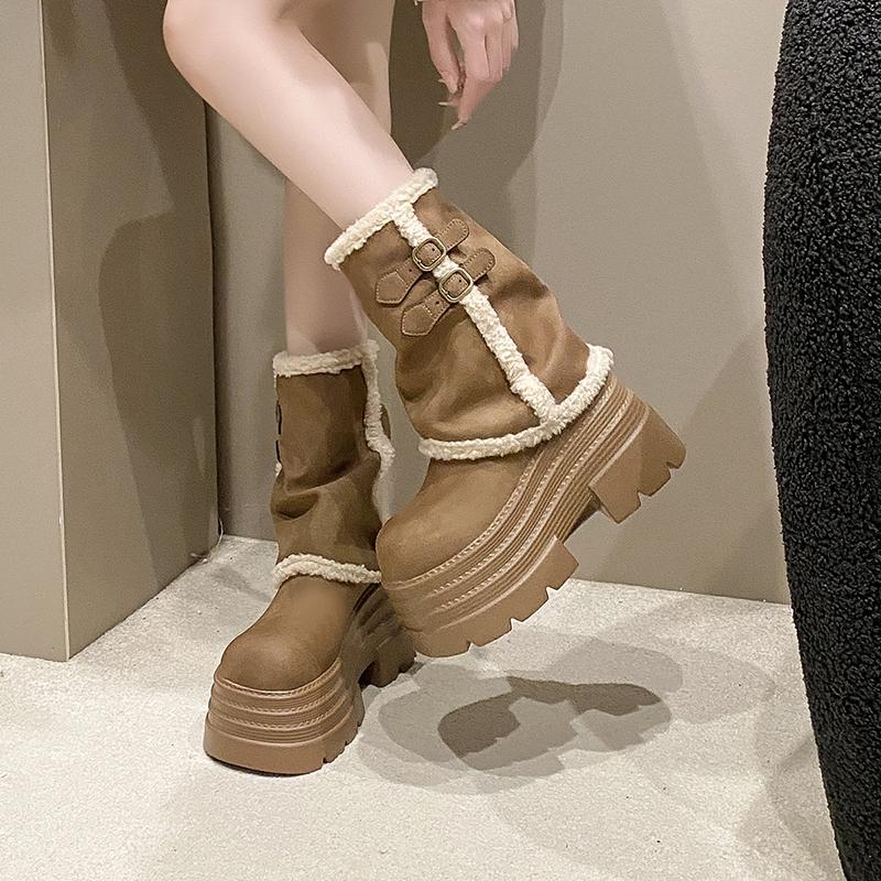 Fashion 2026 Designer Women Mid Calf Boots Faux Fur Chunky Block High Heels Autumn Winter Shoes Metal Decor Black White Ladies