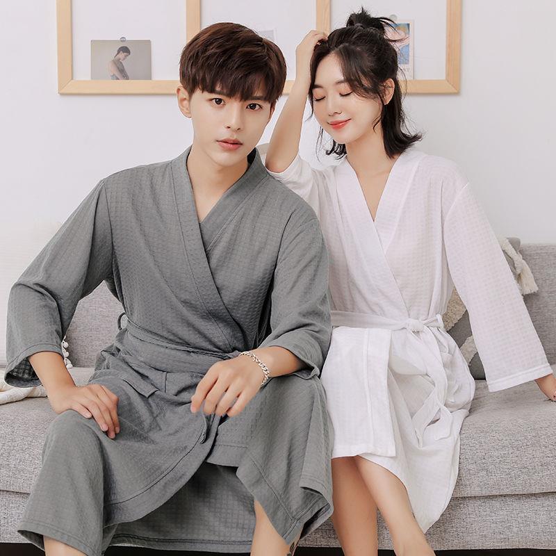 Unisex Waffle Weave Bathrobe: Lightweight, Water-Absorbent Yukata-Style Nightgown for Spring, Summer, and Autumn