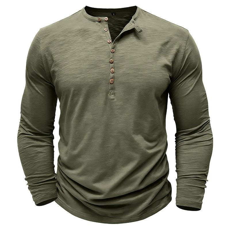 Mens Henley Collar Long Sleeve T-Shirts Solid Color Loose Fit Button Front Casual Daily Tshirts