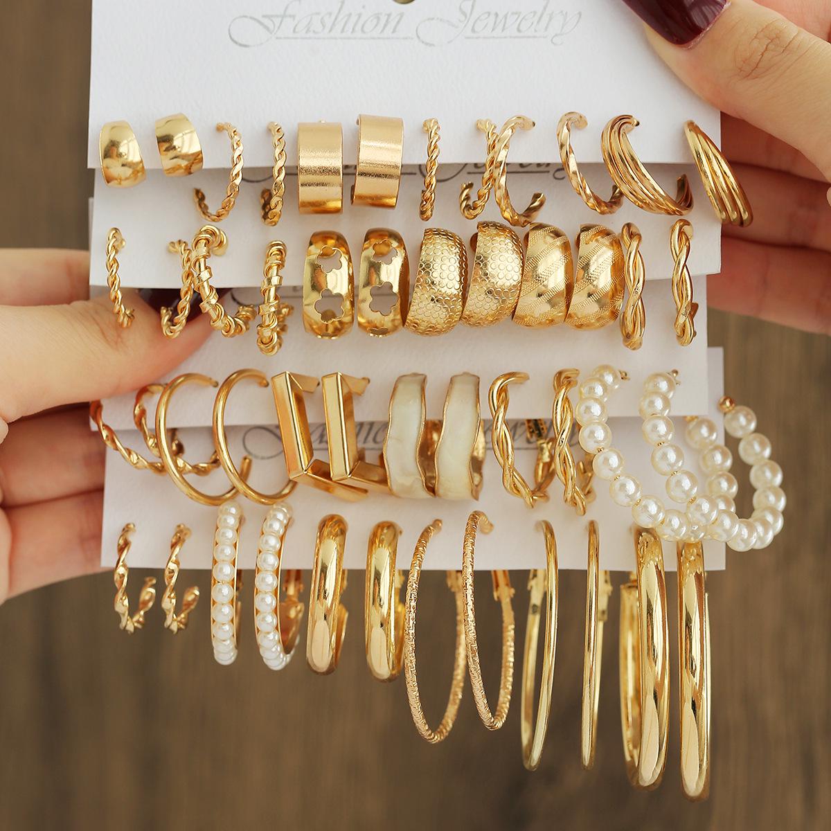 Retro European Square Geometric Metal Hoop Earrings with Pearls - Hepburn Style