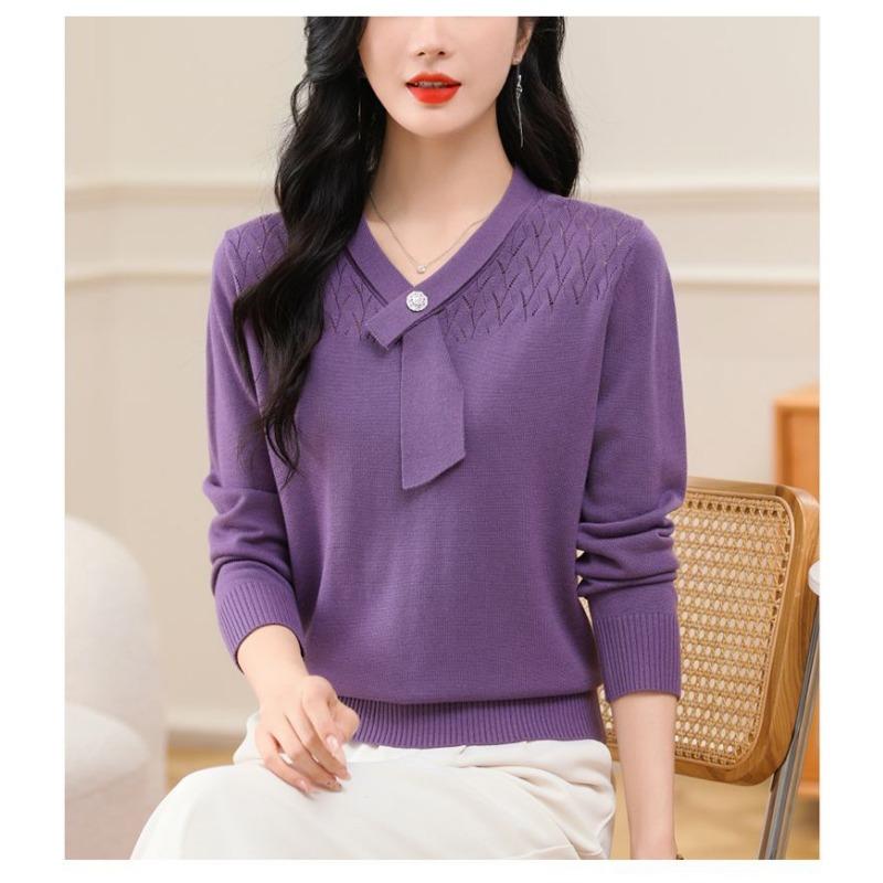Autumn Winter V-neck Hollow Out Scarf Pullover Knitting Top Women Long Sleeve Solid Casual Bottomed Sweater