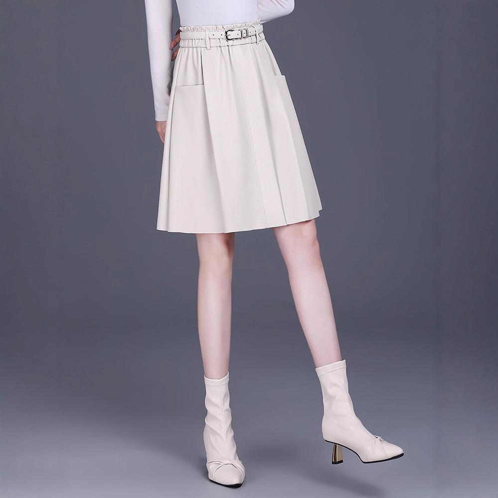High-Waisted A-Line Leather Skirt for Women, Autumn/Winter, Pleated Lambskin Midi Skirt, Age-Defying & Classic Design