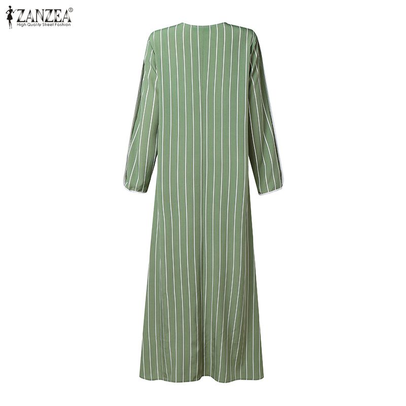 ZANZEA Women Muslim Casual Round Neck Loose Long Sleeve Stripe Print Long Dress