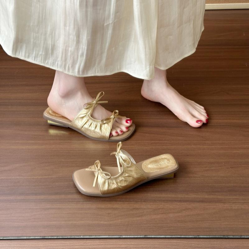 Fairy Wind Bow Outer Slippers Female 2025 Summer New Versatile Thick Heel Square Toe One-word Cool Slippers