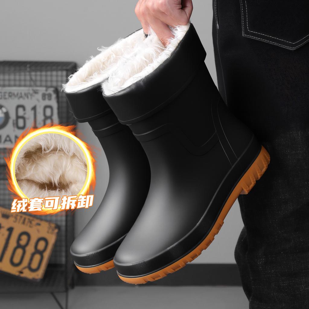 Winter warm men's rubber shoes waterproof pull rope rain shoes medium tube outdoor fashion belt rubber shoes non-slip fishing shoes