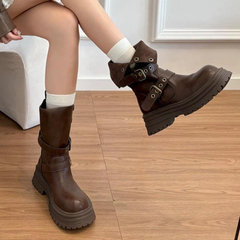 Dámské martensky nové podzimní retro dámské boty Maillard hnědé boty na silné podrážce černé kotníkové boty