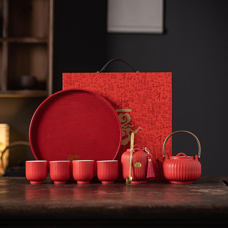 

Свадебный чайный сервиз, чайный сервиз с красным фонарем, дворцовый национальный стиль, бытовой, для новобрачных, свадебный красный чайный сервиз в подарок