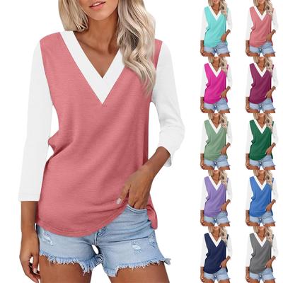 Women's Casual Fashion Sexy Comfortable V-neck Stitching Color Three-quarter Sleeve Top