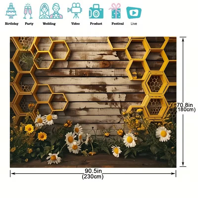2D Wood Honeycomb Backdrop Bee & Wildflower Rustic Party and Festival Decoration