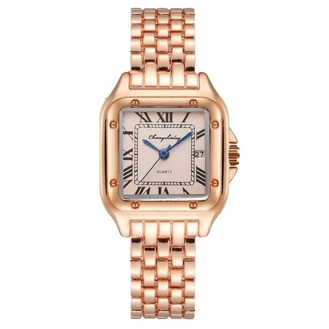 Montres à Quartz Carrées de Luxe pour Dames Montres-Bracelets de Mode pour Femmes Bracelet en Alliage Doré Qualités Montre Date à Chiffres Romains Féminine