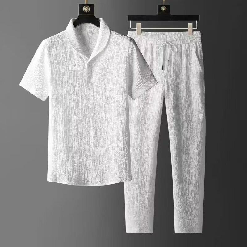 Men's Summer Ultra-Thin Ice Silk Cotton Linen Two-Piece Loose Fit T-Shirt & Shorts Set