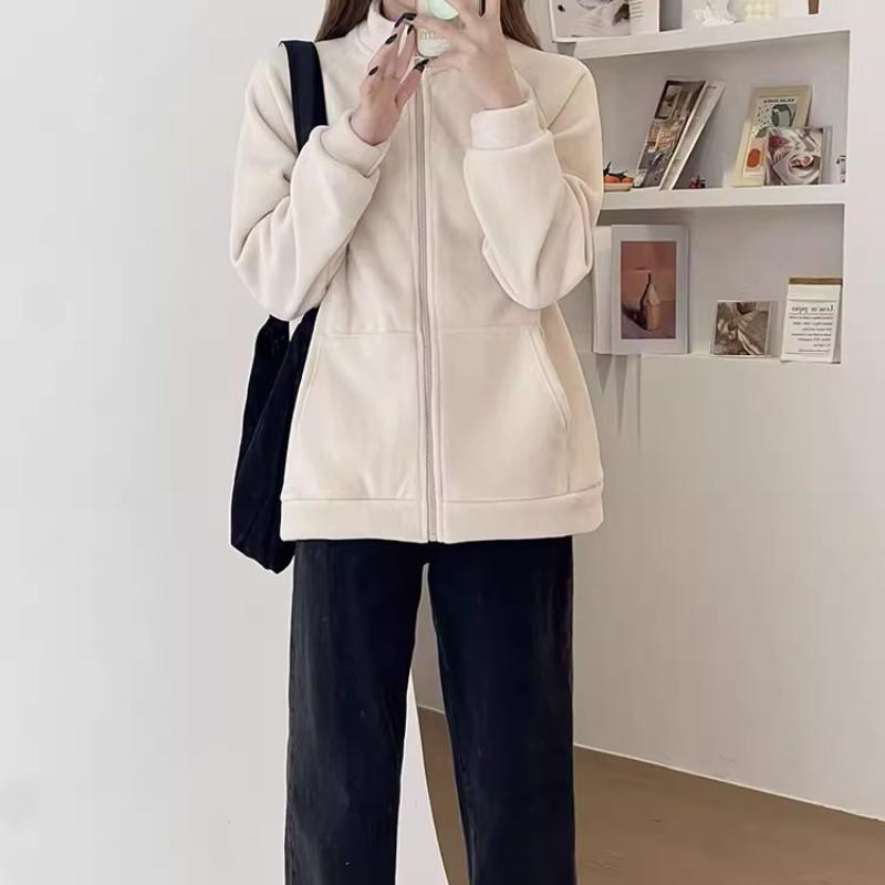 Warm Stand Collar Faux Lamb Double Face Polar Fleece Jacket Women Autumn Winter Loose Slimming Fleece Lined Thick Hoodie