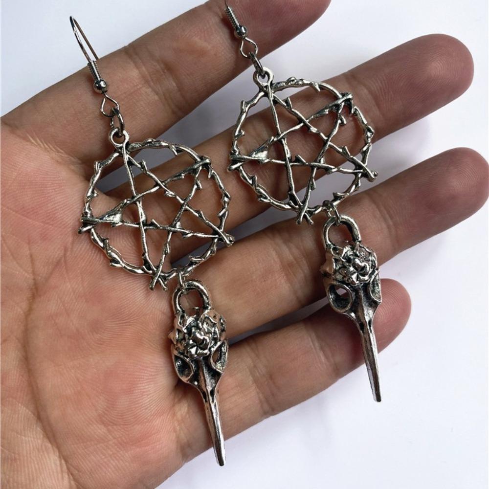 Goth Punk Sliver Color Big Five-pointed Star Rune Bird Beak Skull Pendant Dangle Earrings for Women Men Halloween Party Jewelry