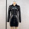 Dámské šaty z matné kůže Elegantní bodycon plisované mini šaty s dlouhým rukávem Párty Stretch PU Slim Y2K šaty do klubů s plným knoflíkem Novinka