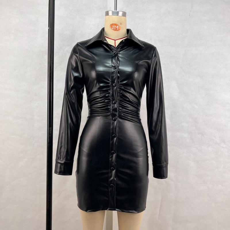 Dámské šaty z matné kůže Elegantní bodycon plisované mini šaty s dlouhým rukávem Párty Stretch PU Slim Y2K šaty do klubů s plným knoflíkem Novinka