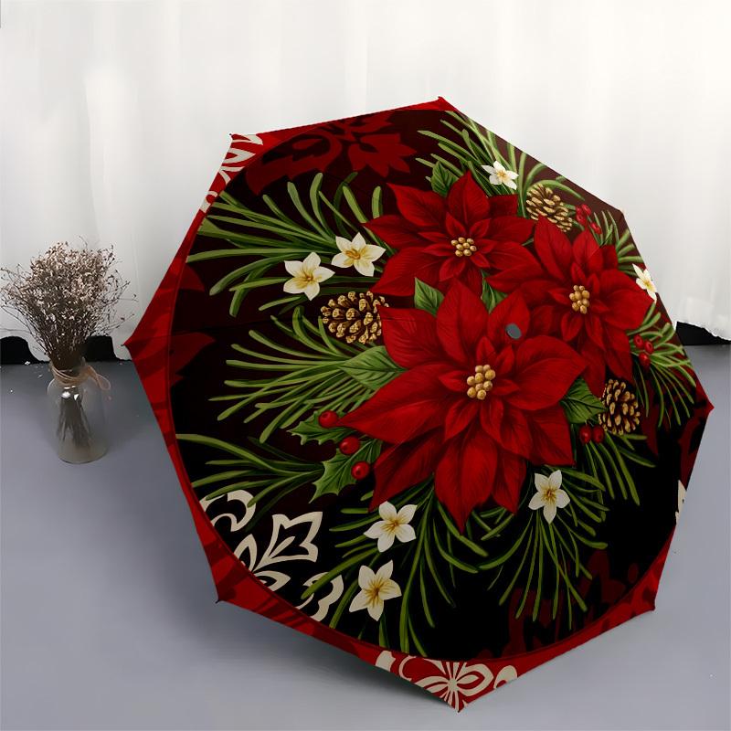 1pc Christmas, Poinsettia, Holiday Decor Umbrella with Plastic Handle,Compact & Stylish,Suitable for All Seasons YS331074