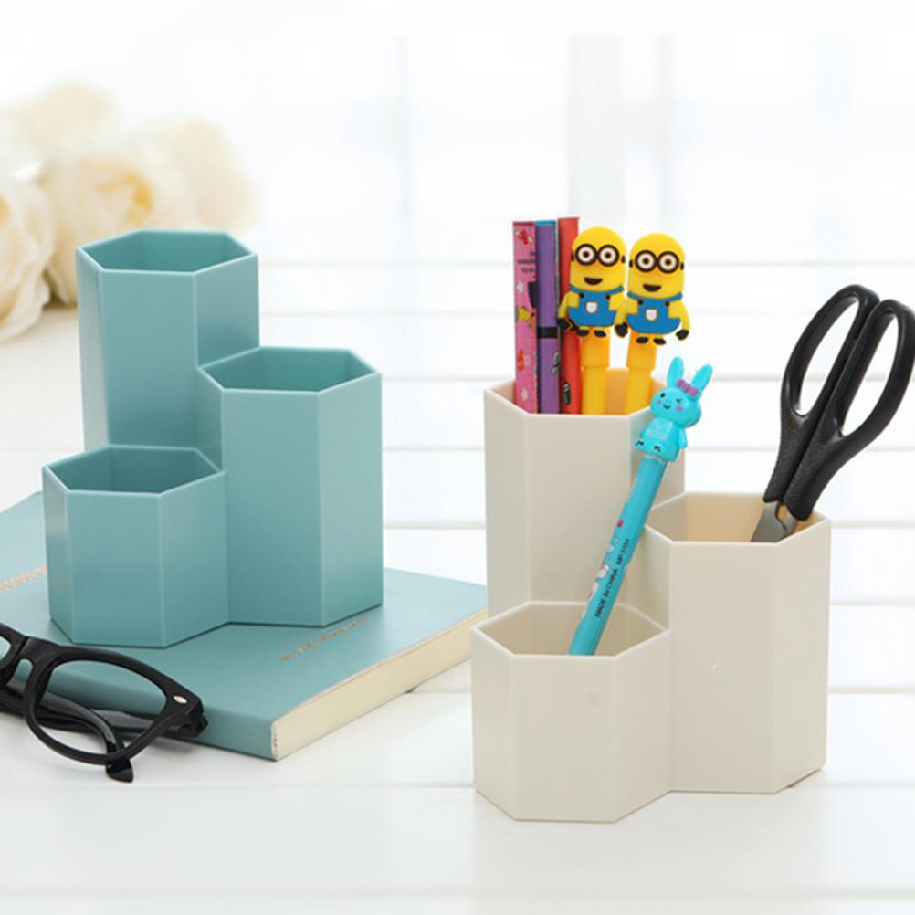Pen Holder 3 Compartment Hexagonal Multi Function Makeup Brush Storage Bucket for Desktop Blue