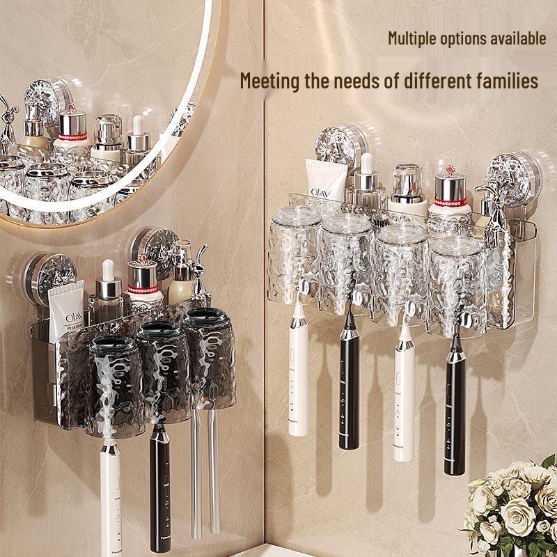 Wall-Mounted Suction Cup Toothbrush & Toothpaste Holder Set with Tooth Squeezer and Cup for Family Bathrooms
