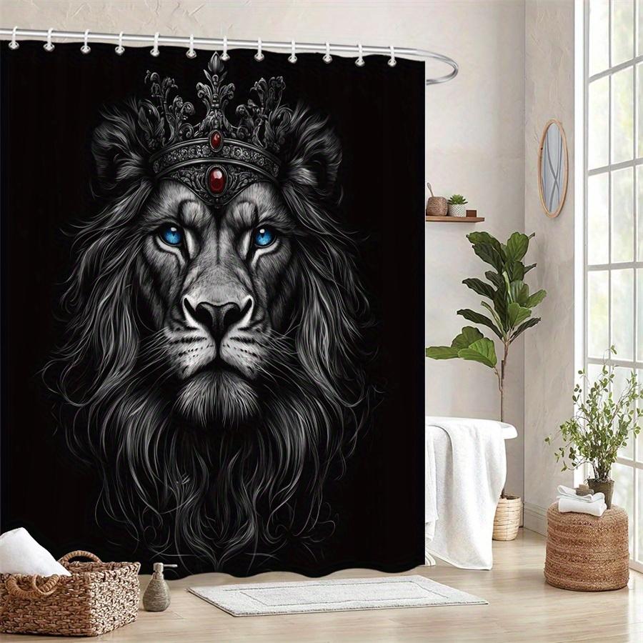 1 Royal Lion Shower Curtain With Blue Eyes And Silver Crown - Ultra-Realistic Black Background, Dramatic Design Machine Washable