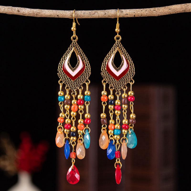 Bohemian Cross-Border Handmade Water Drop Rice Bead Tassel Earrings for Travel Photography