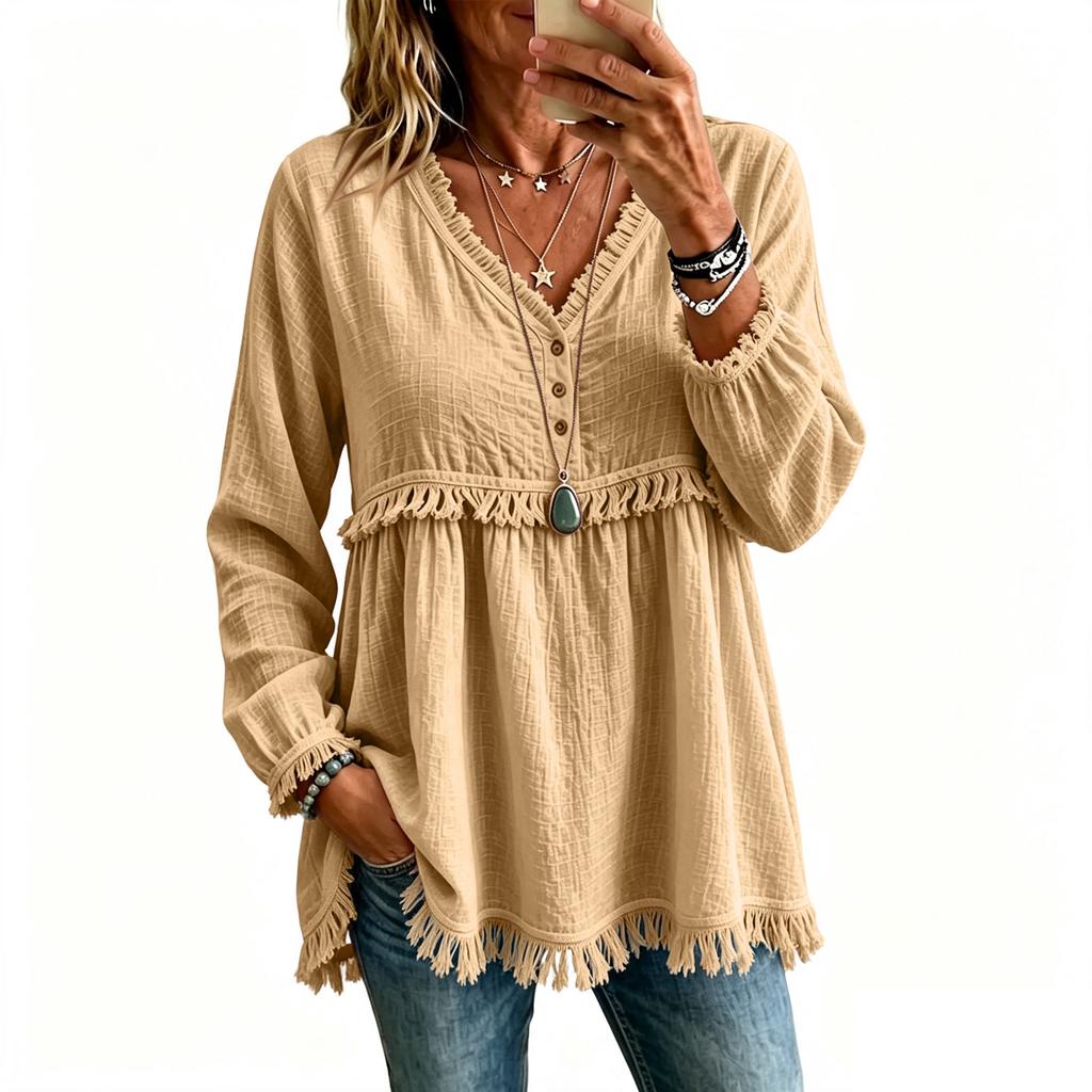Women's Casual Loose Fit V-Neck Long Sleeve T-Shirt Top with Hem Color
