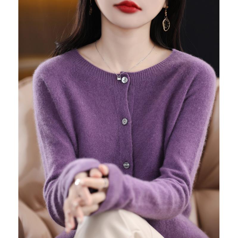 Women 100% Merino Wool Cardigan Soft O-Neck Cashmere Sweater OL Buttoned Knitwear Casual Top Clothing Korean Style