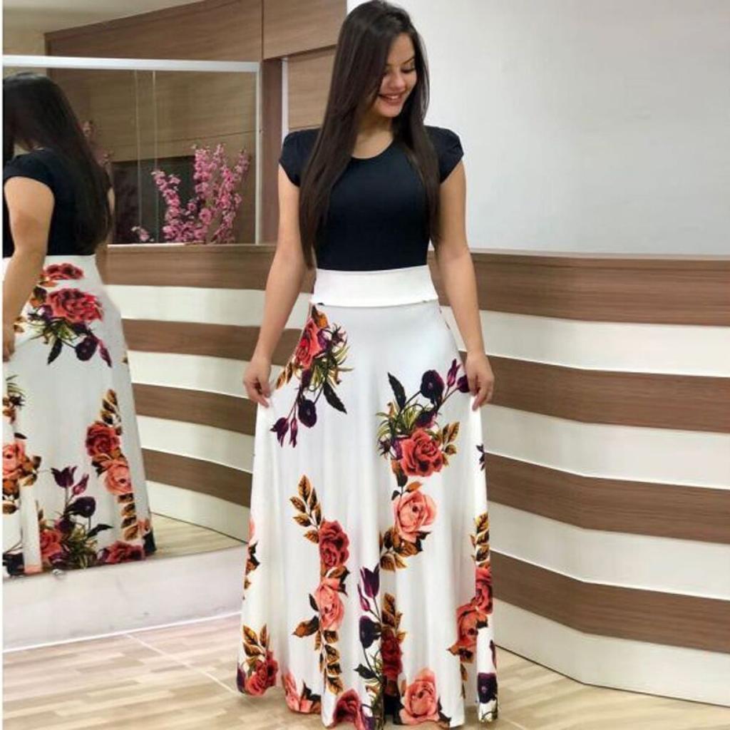 Floral Print Patchwork Short Sleeve Bohemian Dress Women Summer Dress O Neck Big Swing Long Dresses