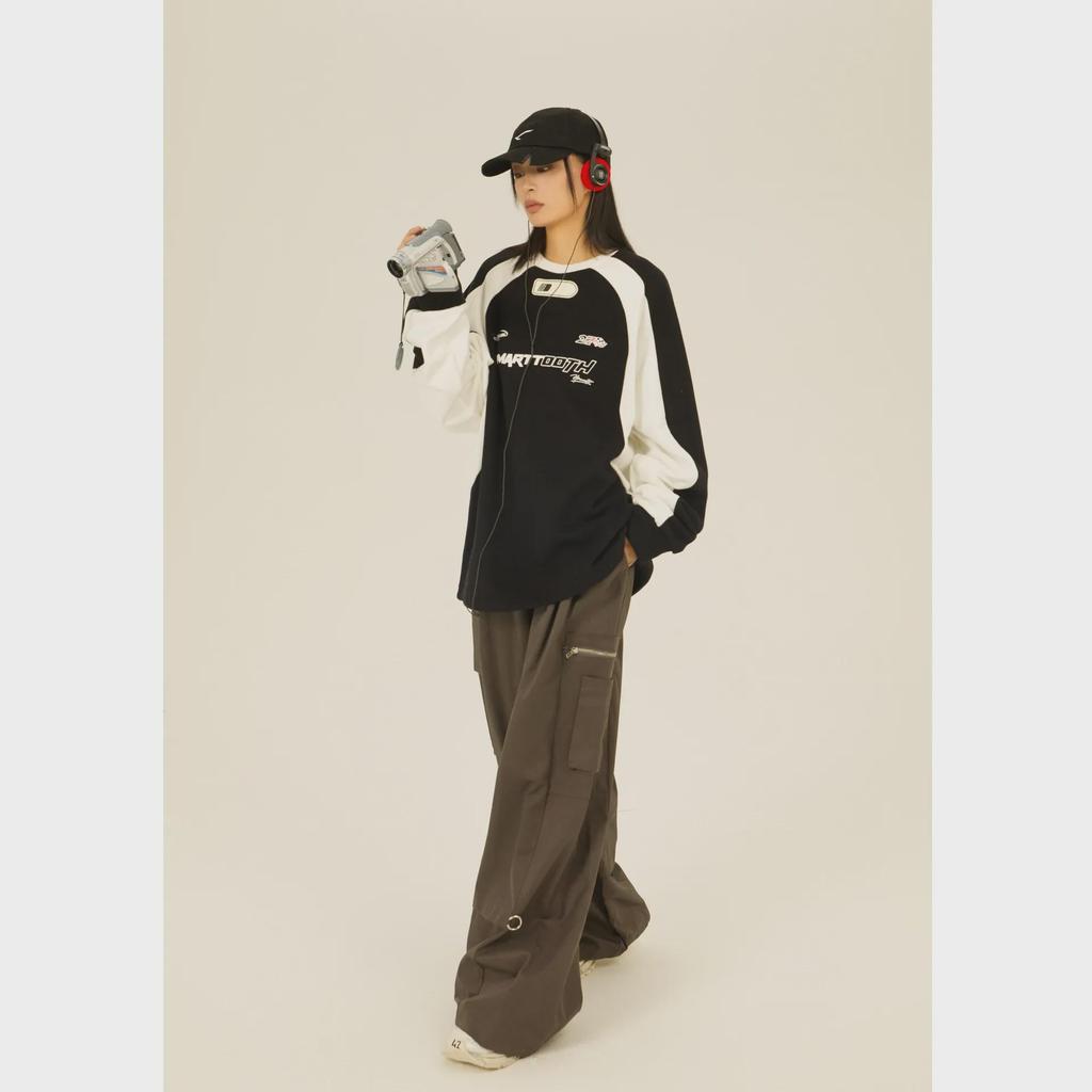 Trendy Streetwear Contrast Raglan Sleeve Racing-Style Motorcycle T-Shirt for Couples
