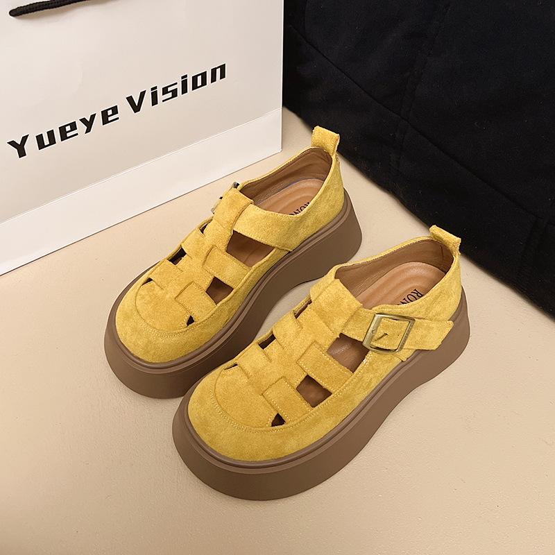 

2025 лето новые сандалии на толстой подошве плетеные сумки модный средний каблук одинарная обувь полые однотонные модные кожаные туфли женские 40 жёлтый