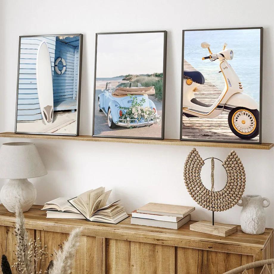 Leinwandmalerei Retro Auto Surfbretter Motorräder Heißluftballons Blumen Wandkunst und Druck Wandbilder Wohnzimmer Heimdekor