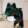 Women Plus Size Round Neck Long Sleeve High Low Top Wide Leg Pants Black Blue Printed Two Piece Set