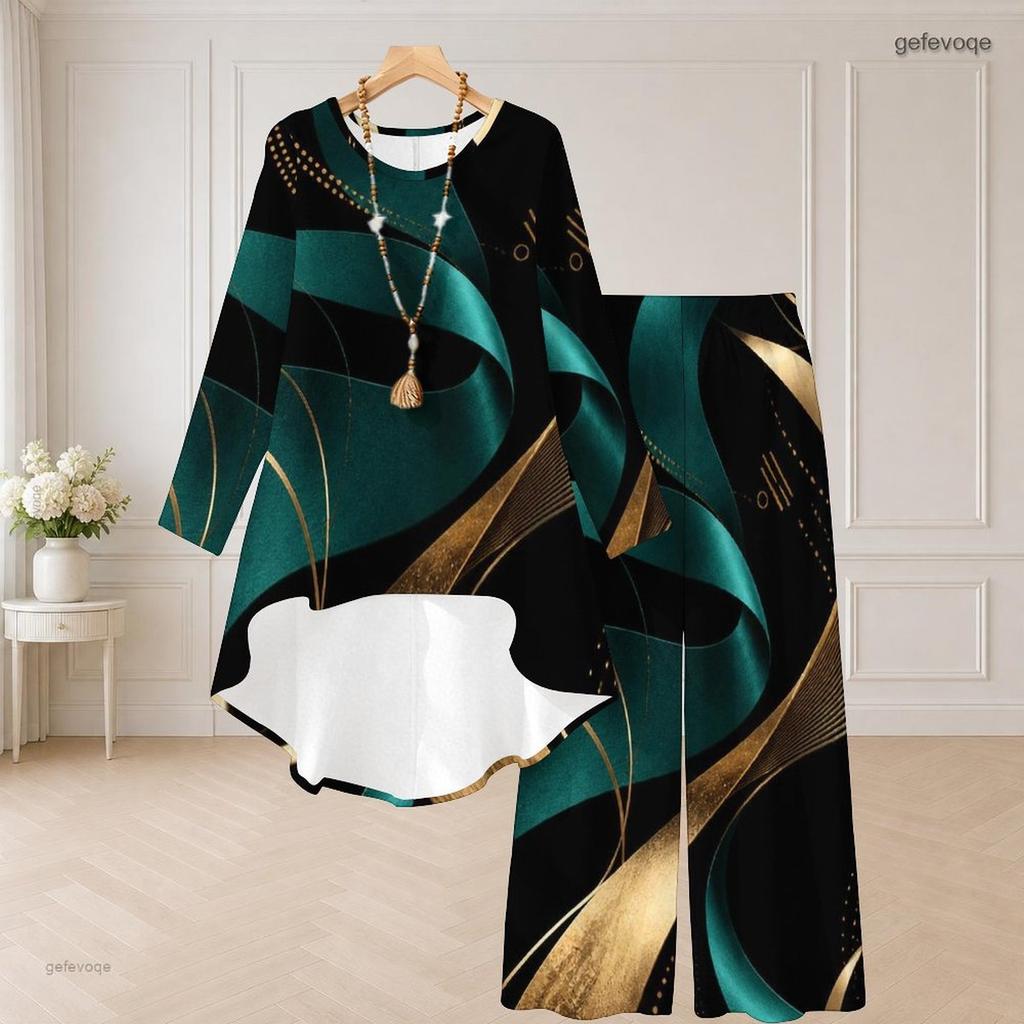 Women Plus Size Round Neck Long Sleeve High Low Top Wide Leg Pants Black Blue Printed Two Piece Set