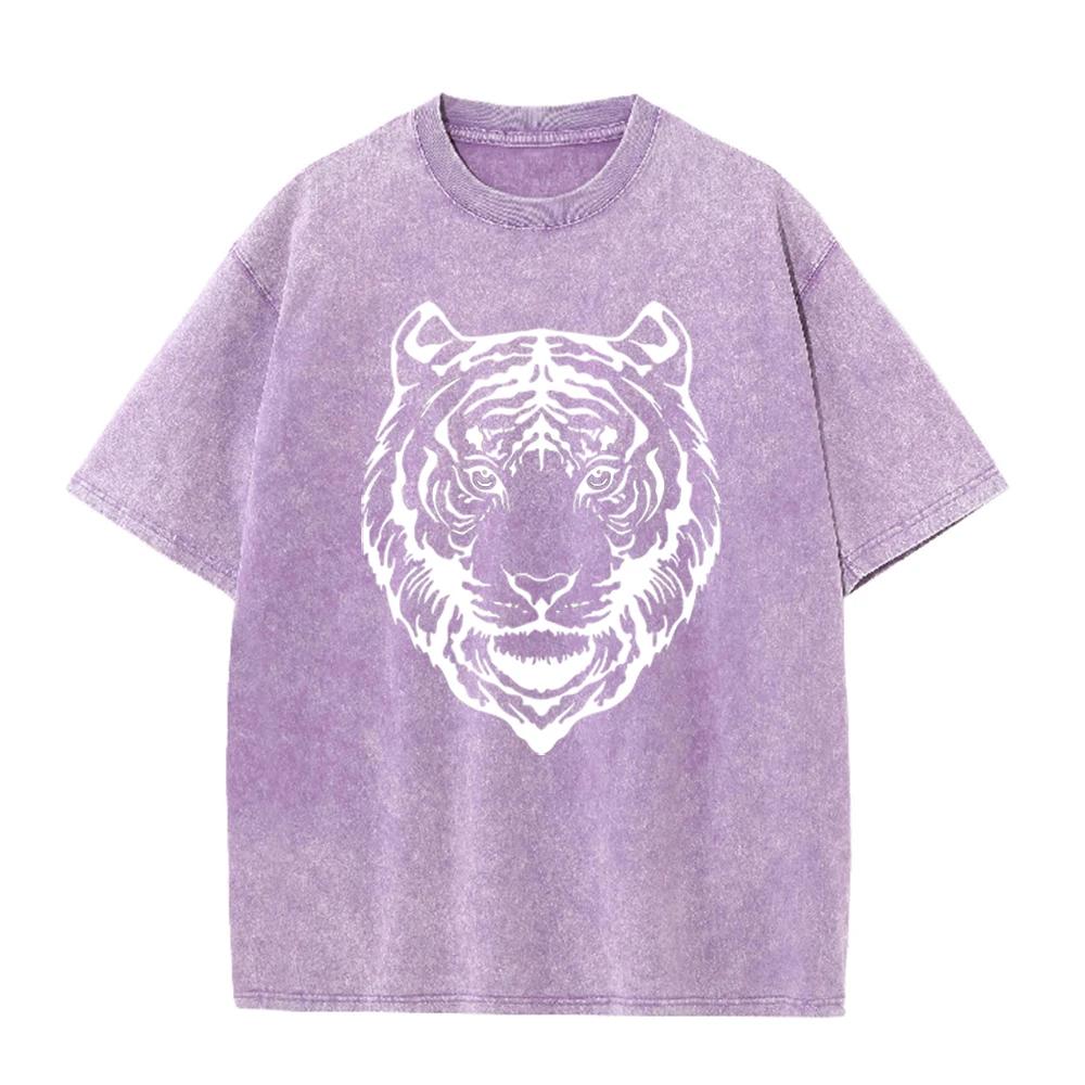 2026 Vintage Black White Tiger Head Line Art Graphic Black Acid Washed T Shirt Retro Wild Animal Oversized Unisex Casual Short S