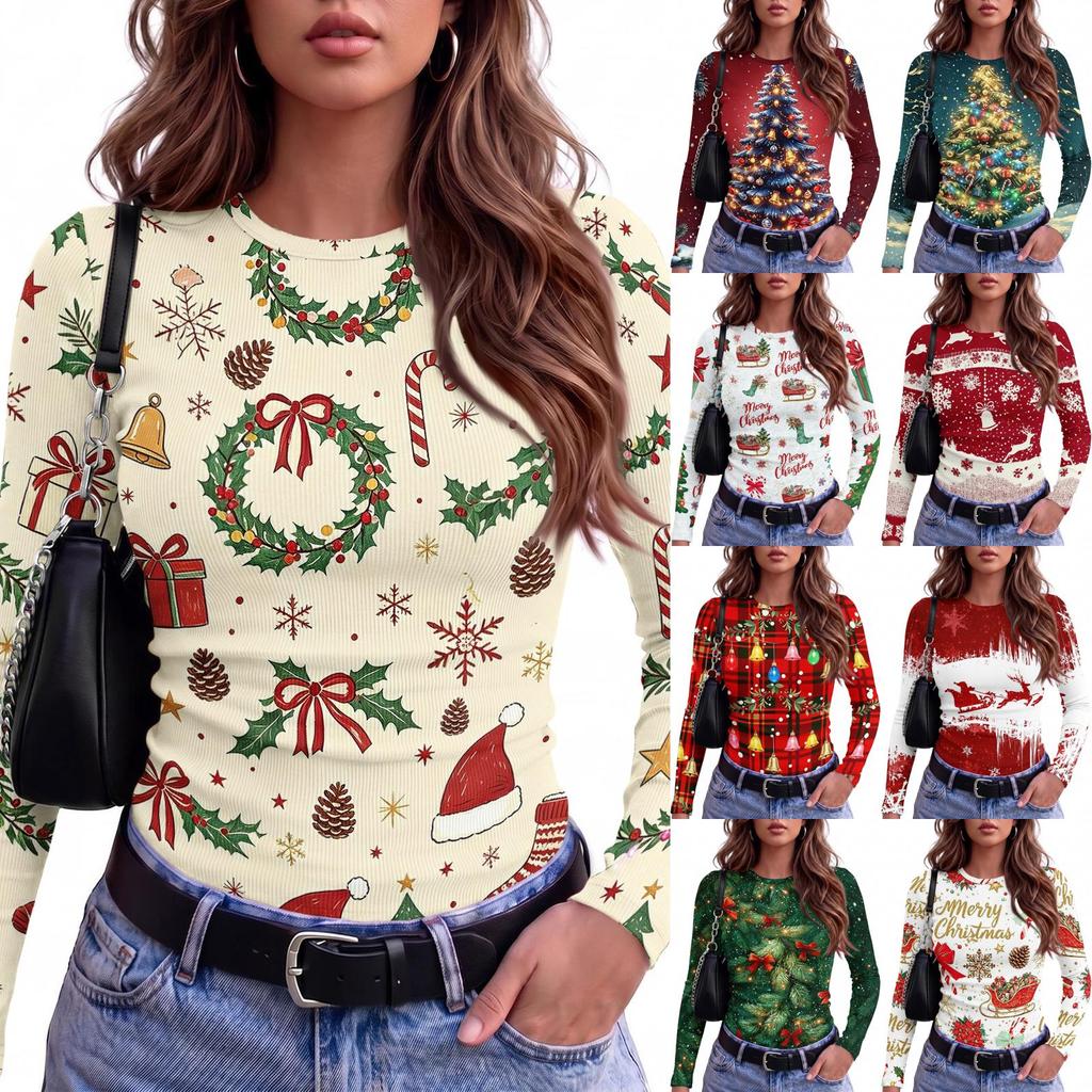 Women's Slim Fit Christmas Print Long Sleeve Neck T-Shirt for Holiday Casual Wear