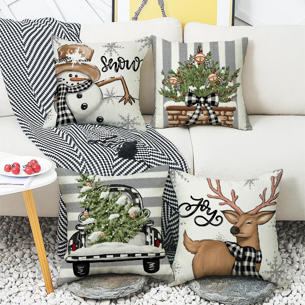 New Cartoon Snowman Pillow Cover Christmas Series Reindeer Christmas Tree Sofa Living Room Pillow Cover