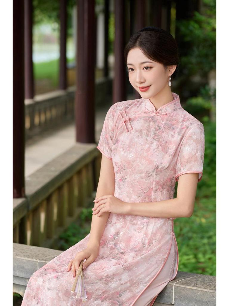 Modern Short Sleeve Long Cheongsam Dress In Literary Chinese Style