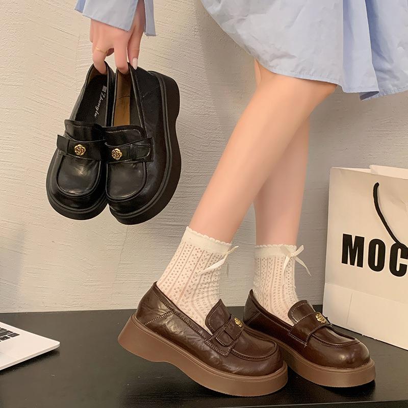 Round Head Brown Thick Heel Platform Small Leather Shoes Women's Spring and Autumn New One-pedal Loafers