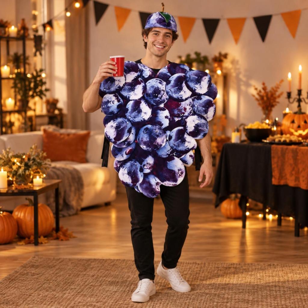 Grape Costume with Cap Loose Fit Purple Adjustable for Processions