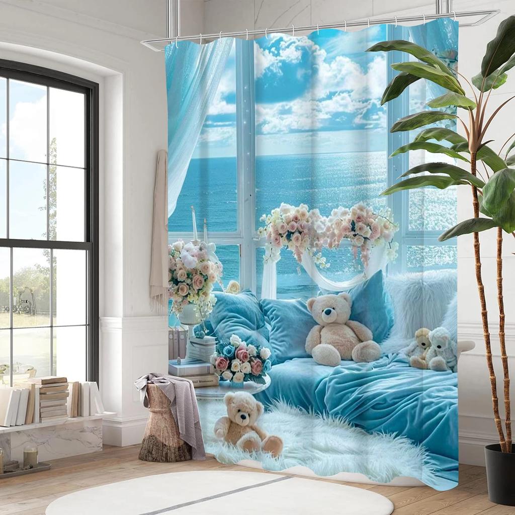 Sea View Wallpape Bathing Curtain  Bathroom Shower Curtain Waterproof With 12 Hooks Home Deco