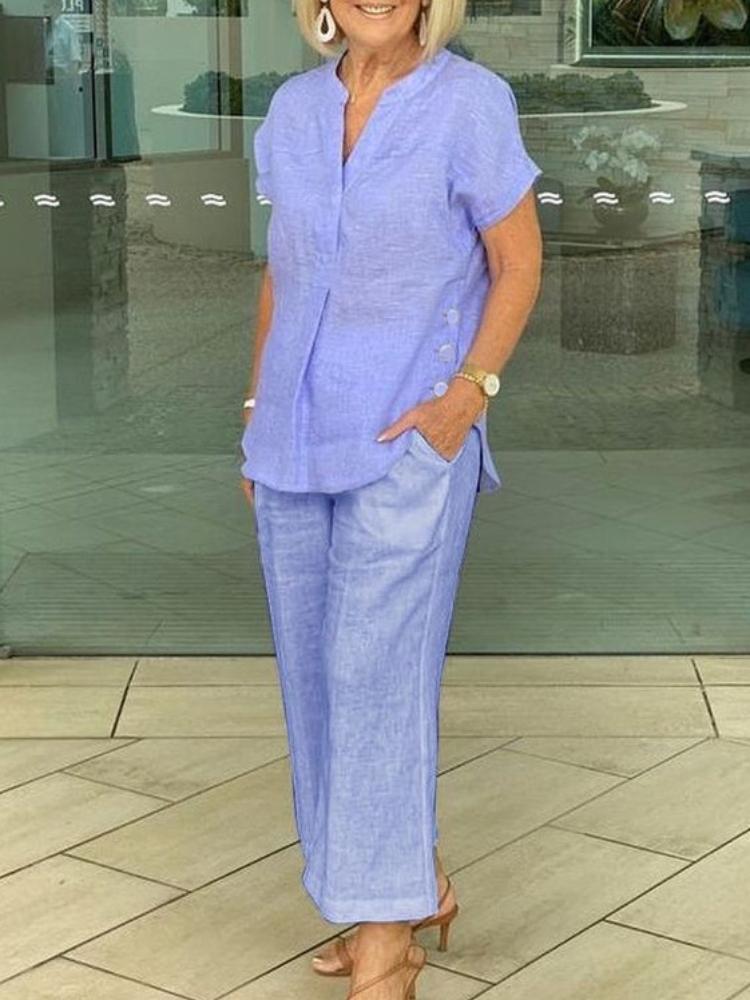 

Женский повседневный комплект с топом с коротким рукавом и брюками прямого кроя в нескольких цветах - кирпично-красный, темно-красный, серый, белый, светло-голубой, темно-синий 5XL