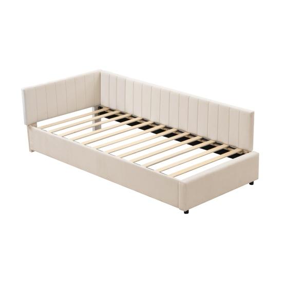 Low Daybed Upholstered Sofa Bed 90x200CM Slatted Frame Velvet Fabric Sleeping Couch Modern Grey Beige Living Room Single Day with Sponge Filling