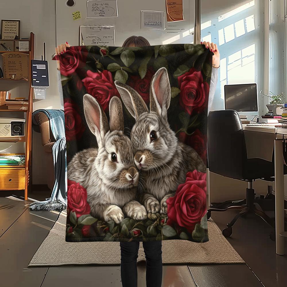 Rabbit and Flowers pattern Flannel Blanket, High quality Comfortable for All Seasons, Home Decor, Warmth and Comfort, Perfect for Gifts.