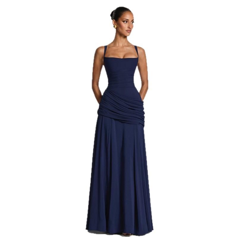 2026 Womens Sleeveless Solid Color Slim Waist Flowy Maxi Dress Party Date