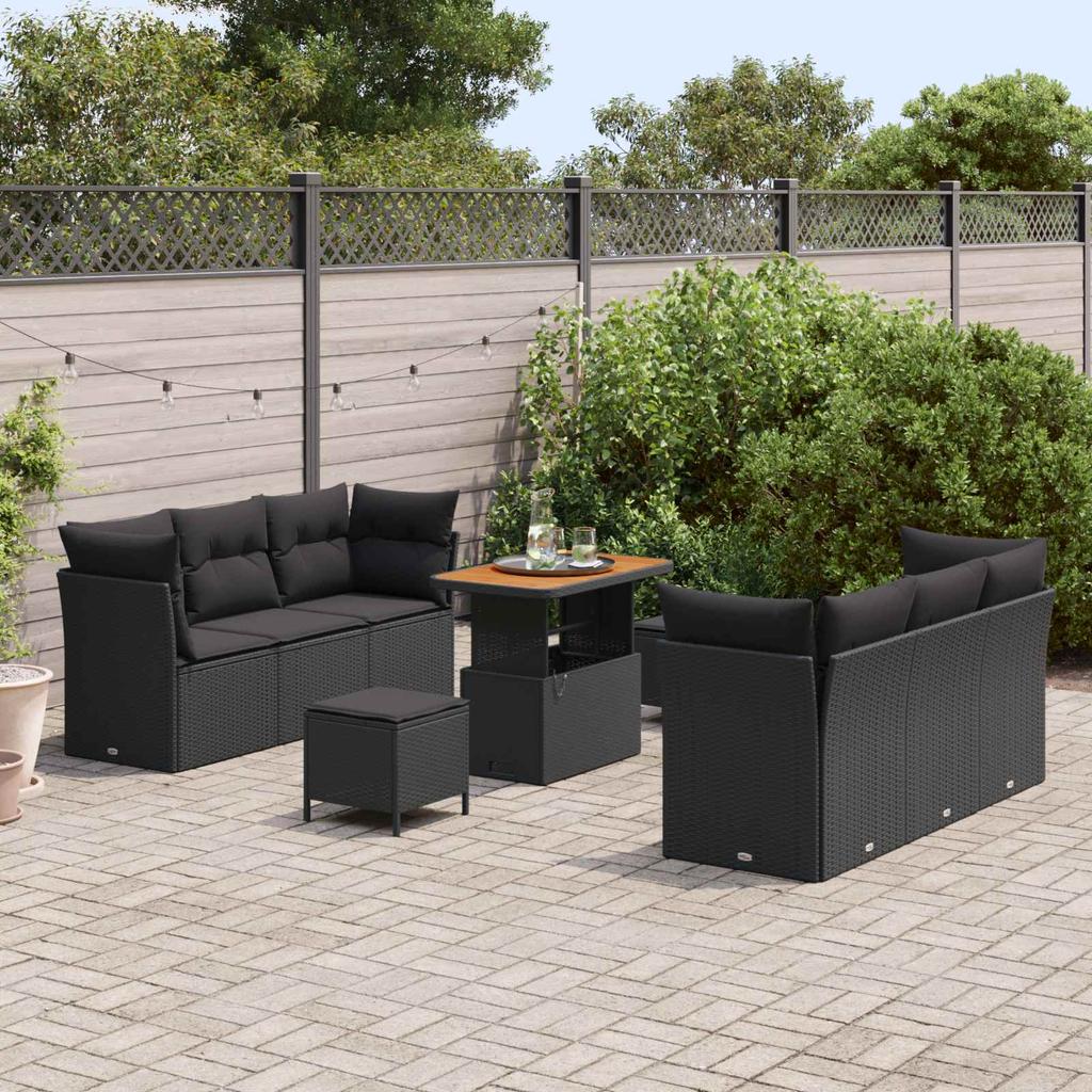 Garden Sofa Set with Cushions 9 pcs Black Poly Rattan