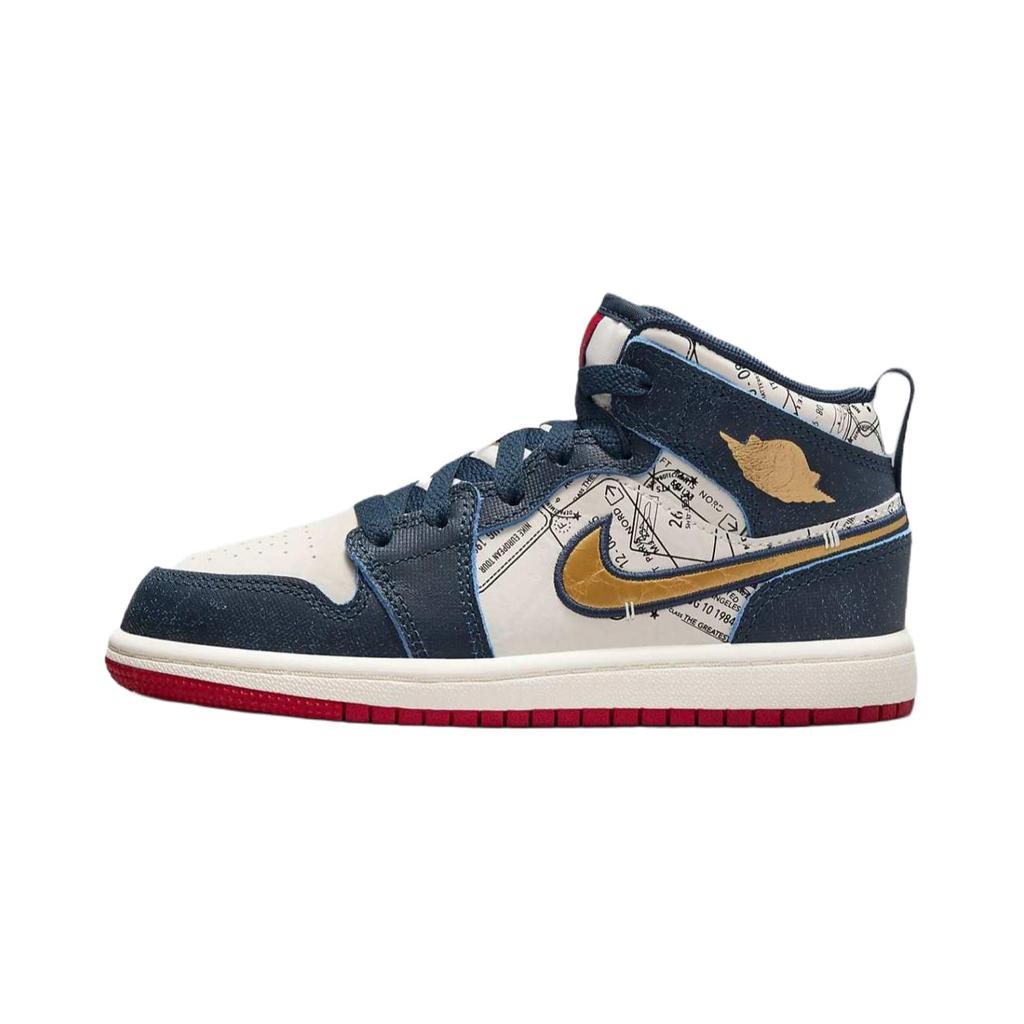 Air Jordan 1 Mid SE PS Take Flight Kids Sneakers Blue Armory-Navy Metallic-Gold FN1352-400