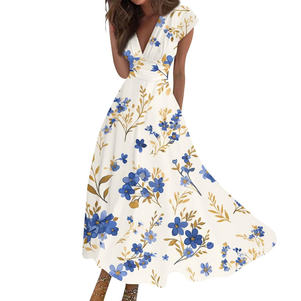 Women's Long Casual Dress Summer Short-Sleeve V-Neck Waist Retraction Printed Dress